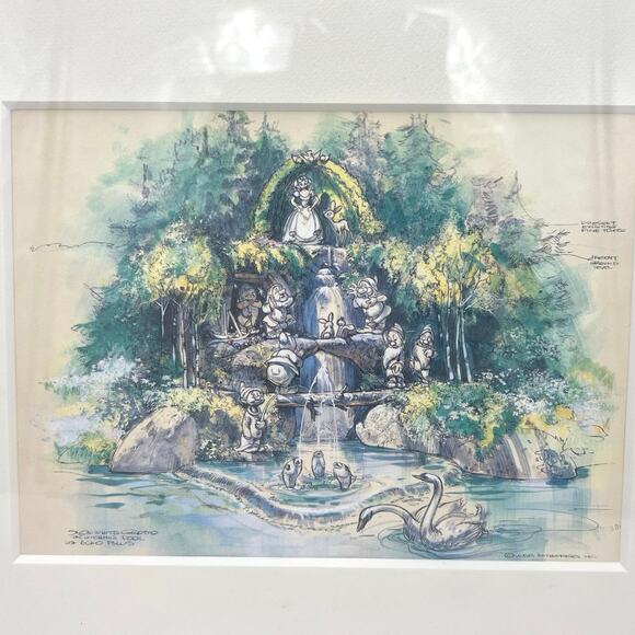 The Disney Gallery Snow White Grotto Watercolor by John Hench 1960 w/ COA Tokyo - Picture 2 of 14
